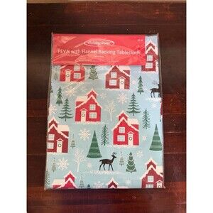 Holiday Home Christmas PEVA With Flannel Backing Table Cloth NWT Blue